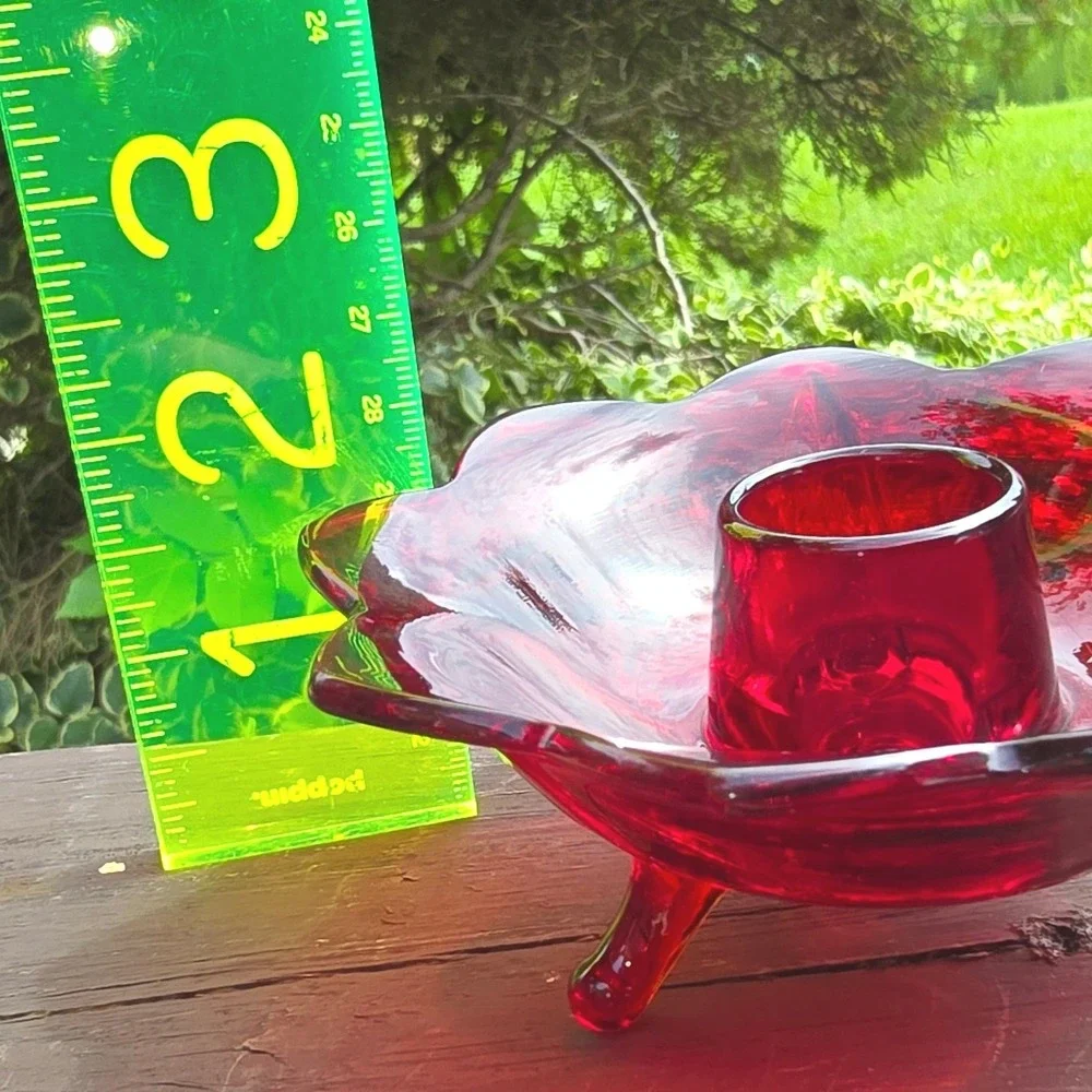 Vintage Ruby Red Glass 3 Footed Candle Holder Dish Scalloped Petal Rim